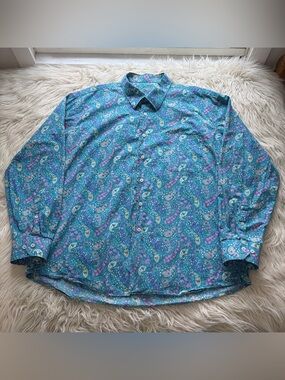 Alan Flusser Men XXL Paisley Button Down Shirt Blue 100% Cotton Long Sleeve